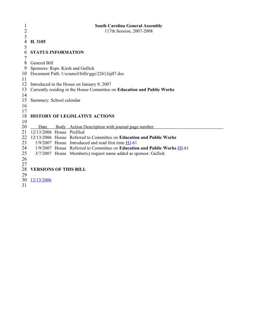 2007-2008 Bill 3105: School Calendar - South Carolina Legislature Online