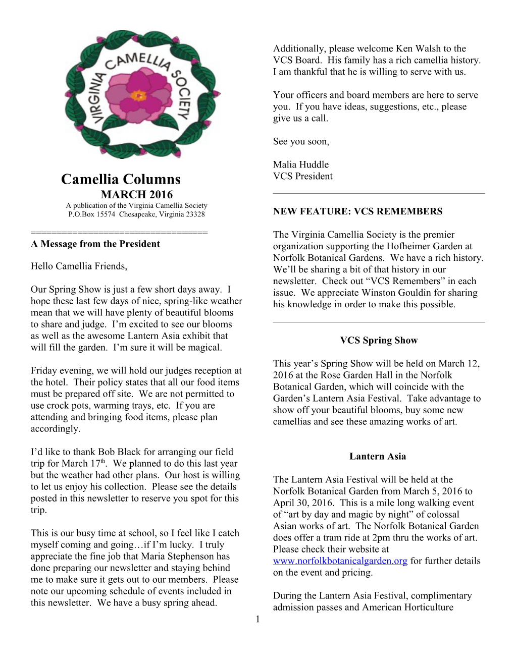 A Publication of Thevirginia Camellia Society