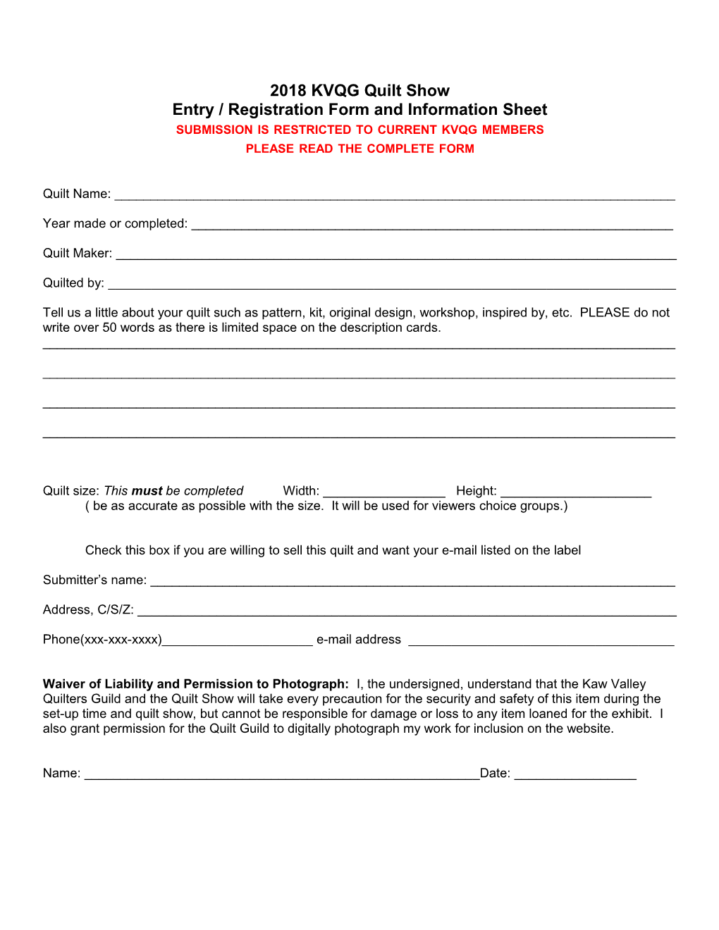 Entry / Registration Form Andinformation Sheet