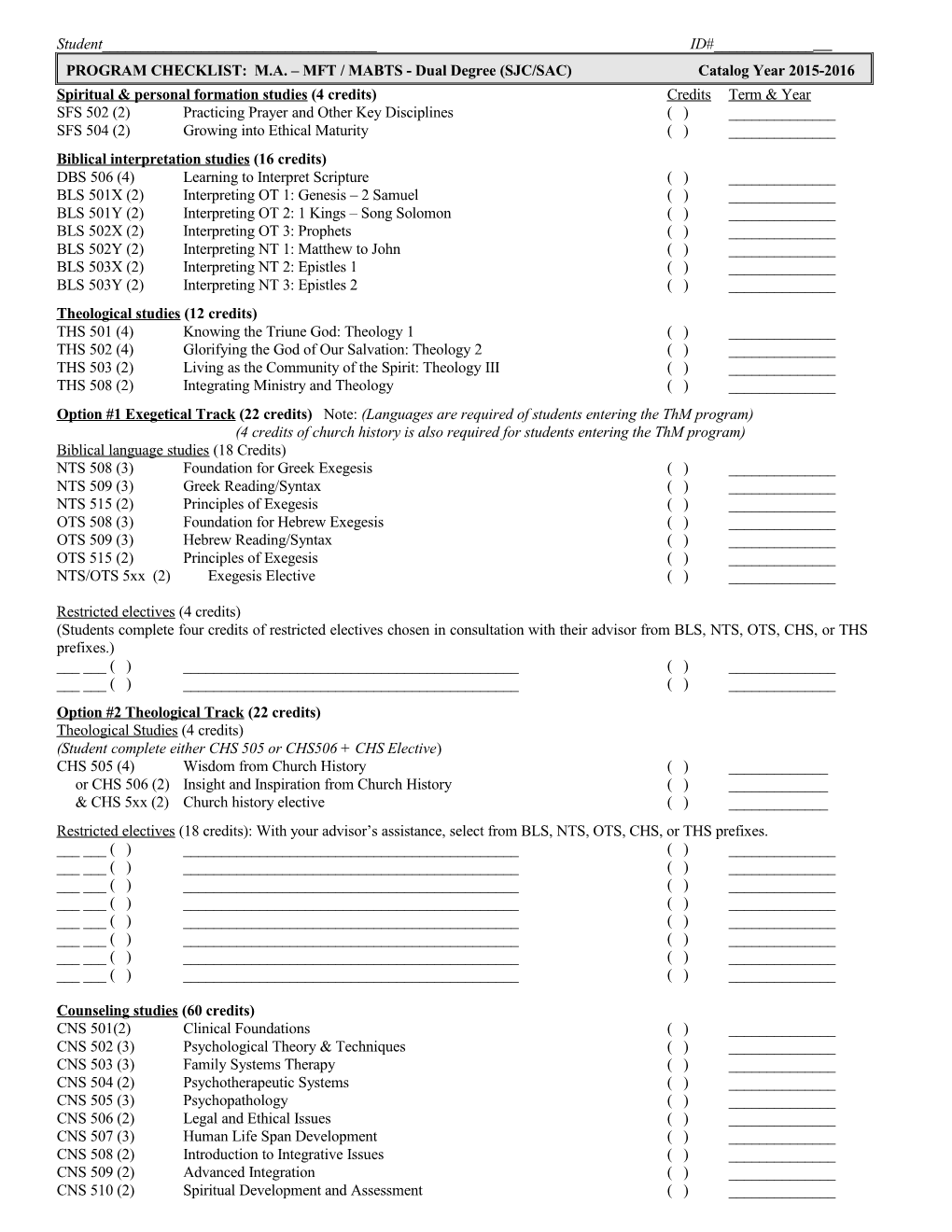 Spiritual & Personal Formation Studies (4Credits) Creditsterm & Year