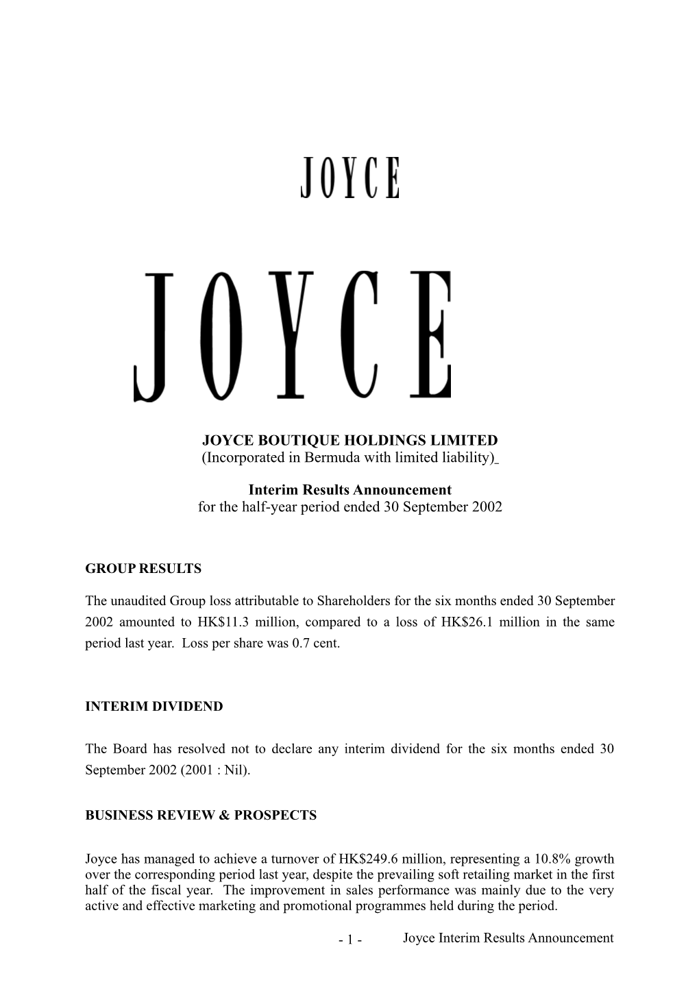 Joyce Boutique Holdings Limited