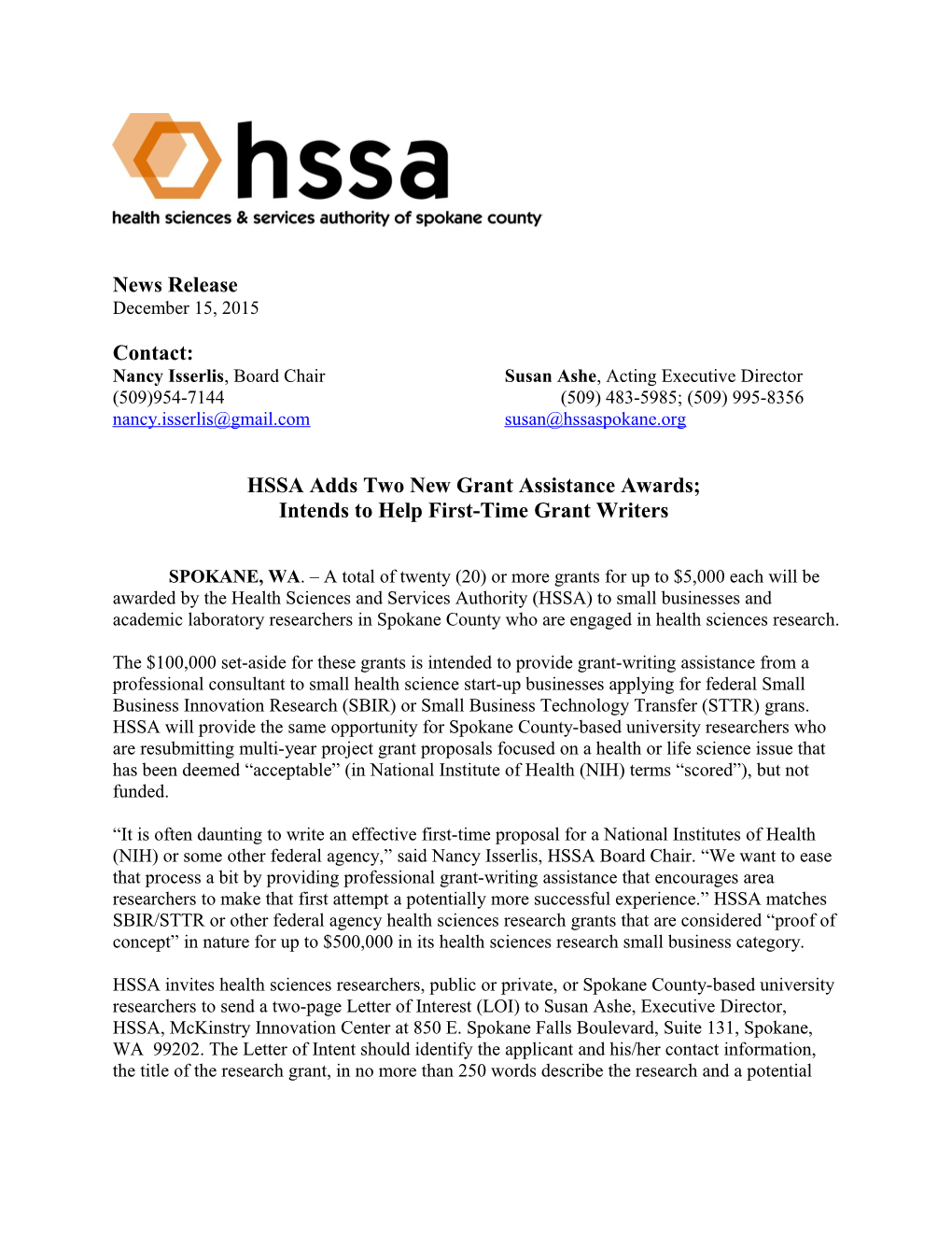 HSSA Adds Two New Grant Assistance Awards;