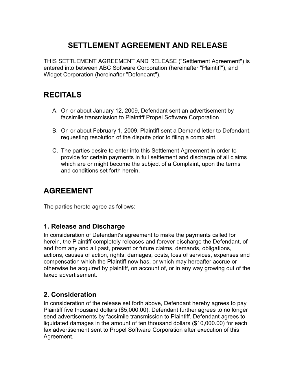 Sample Settlement Agreement