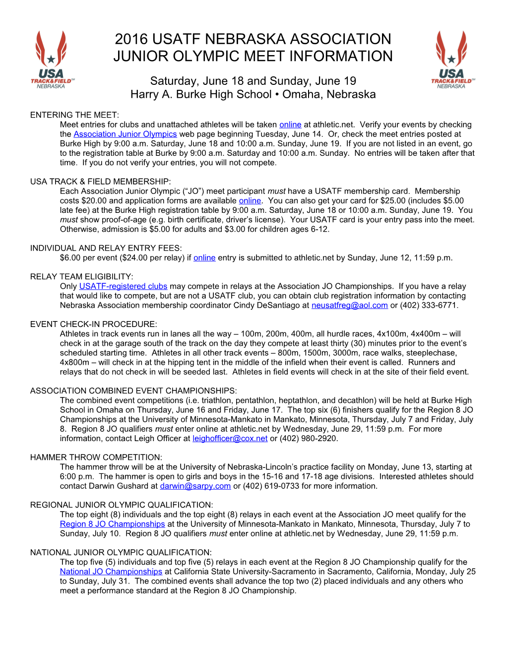 2015 USATF Nebraska Association Junior Olympics Meet Information
