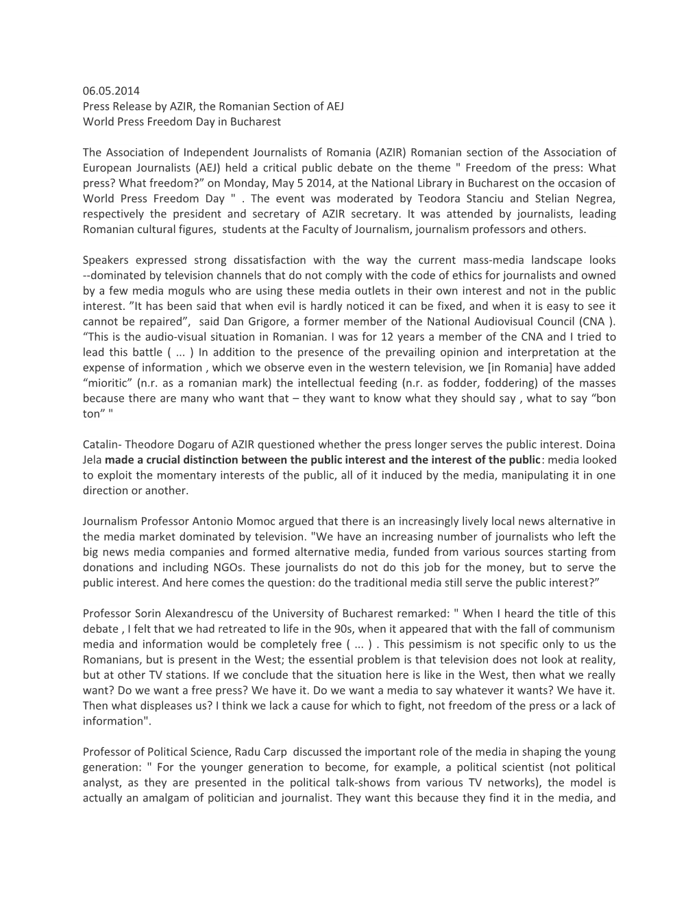Press Release by AZIR, the Romanian Section of AEJ