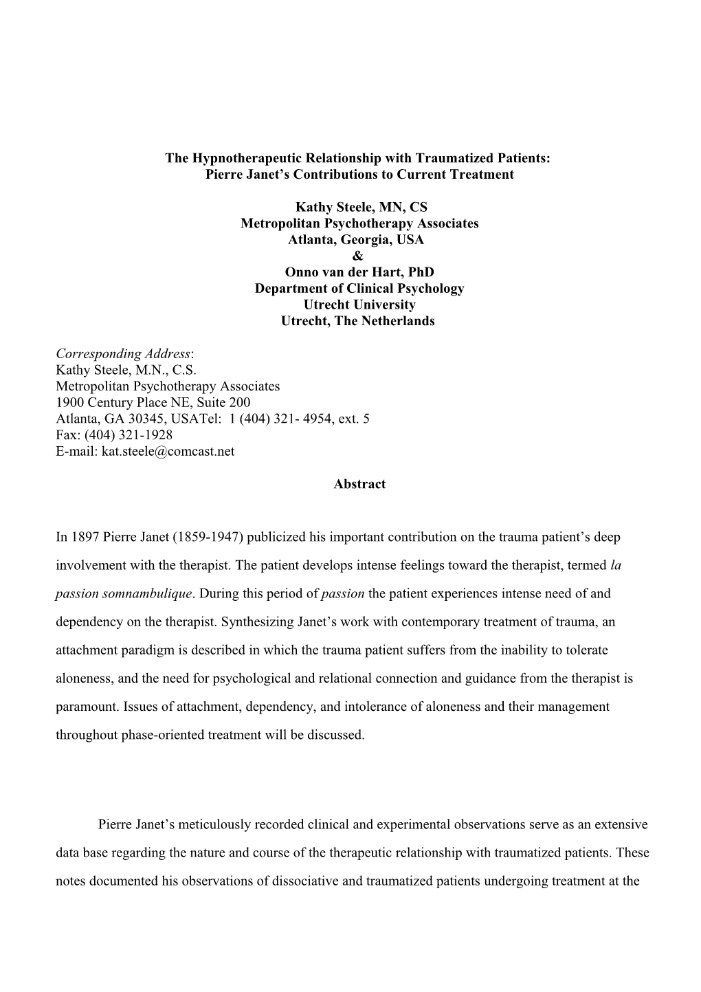 The Hypnotherapeutic Relationship with Traumatized Patients