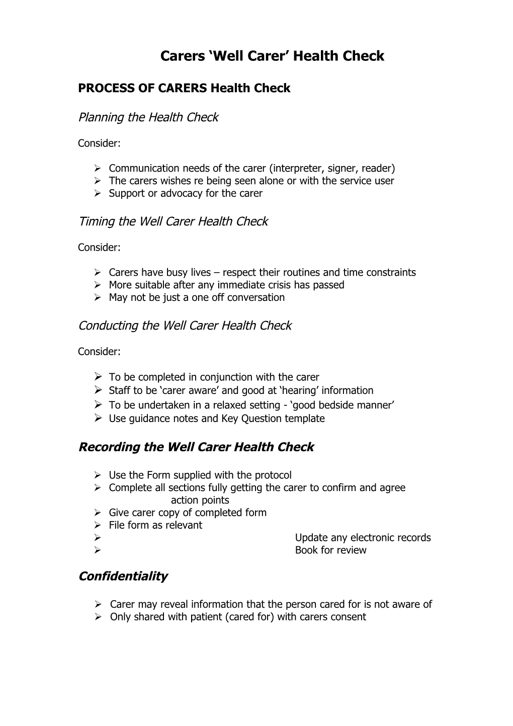 Well Carer Health Check