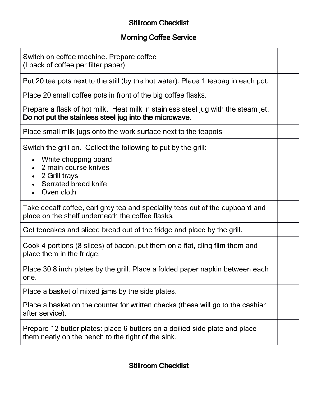 Stillroom Checklist