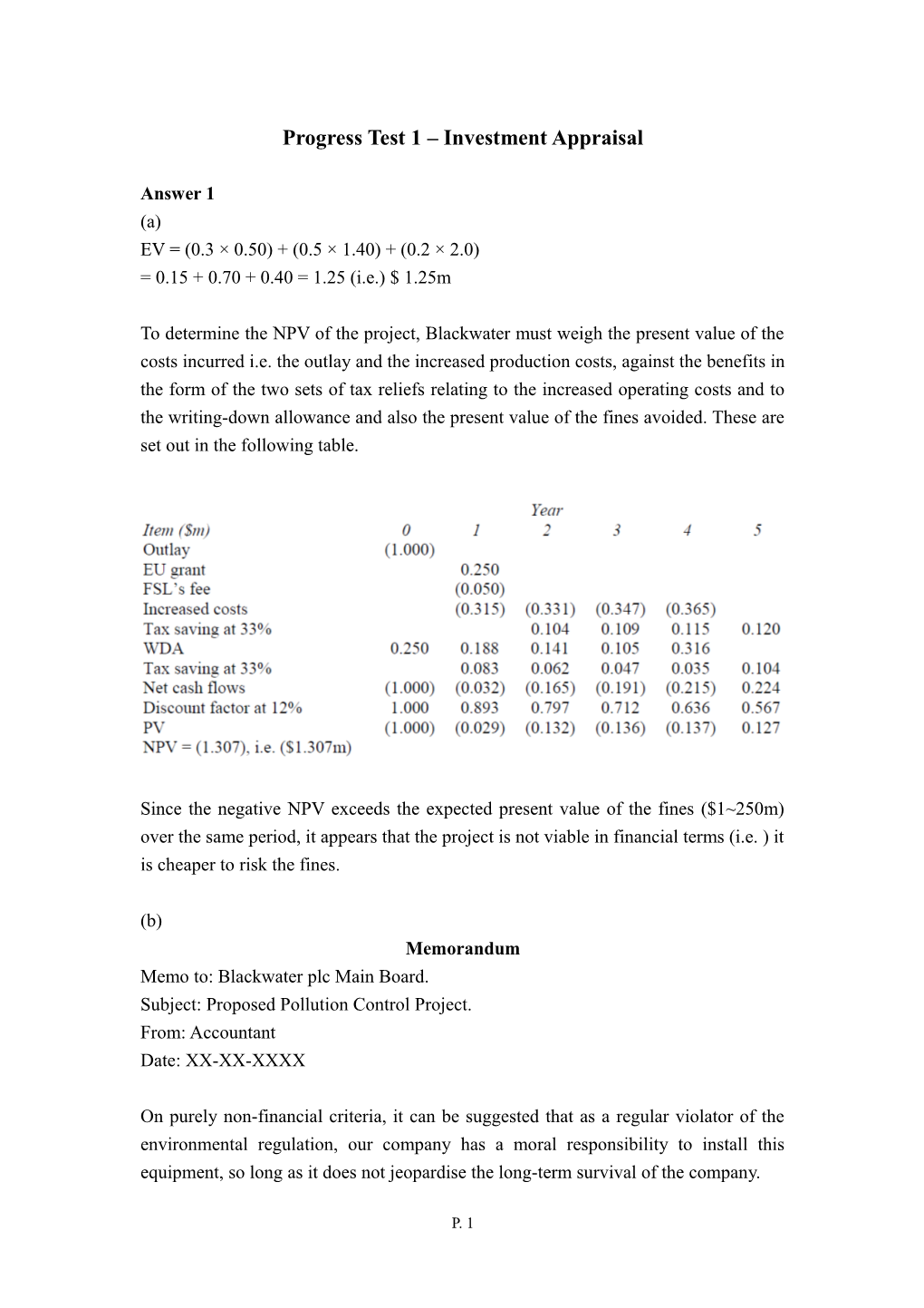 Progress Test 1 Investment Appraisal