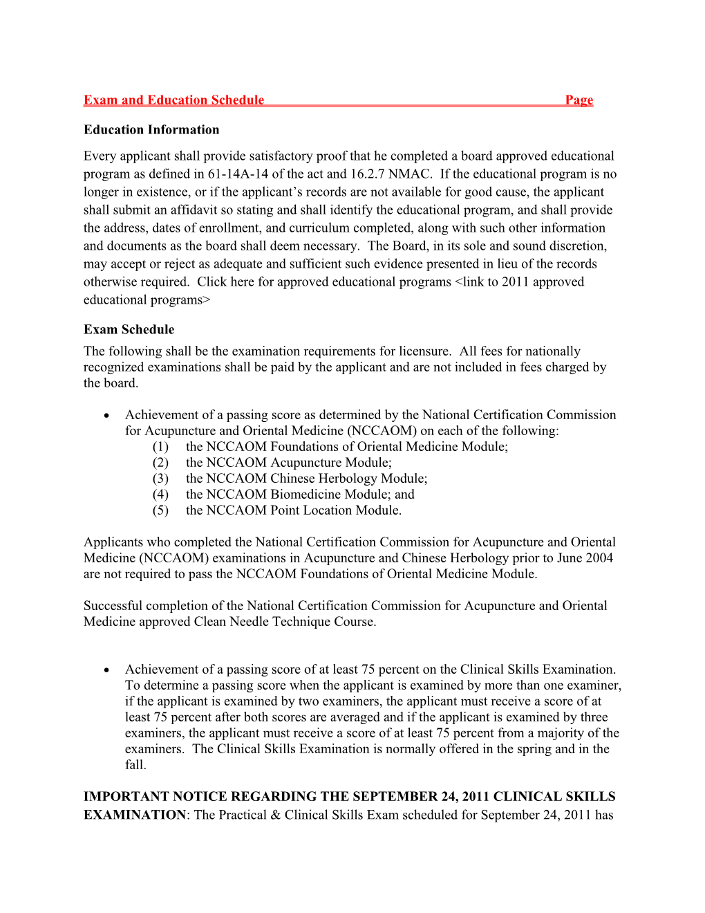 Exam and Education Schedule Page