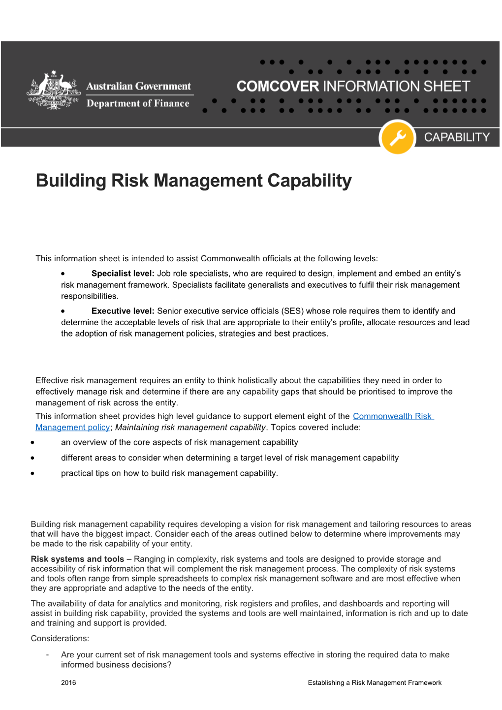 Information Sheet - Building Risk Management Capability Across an Entity