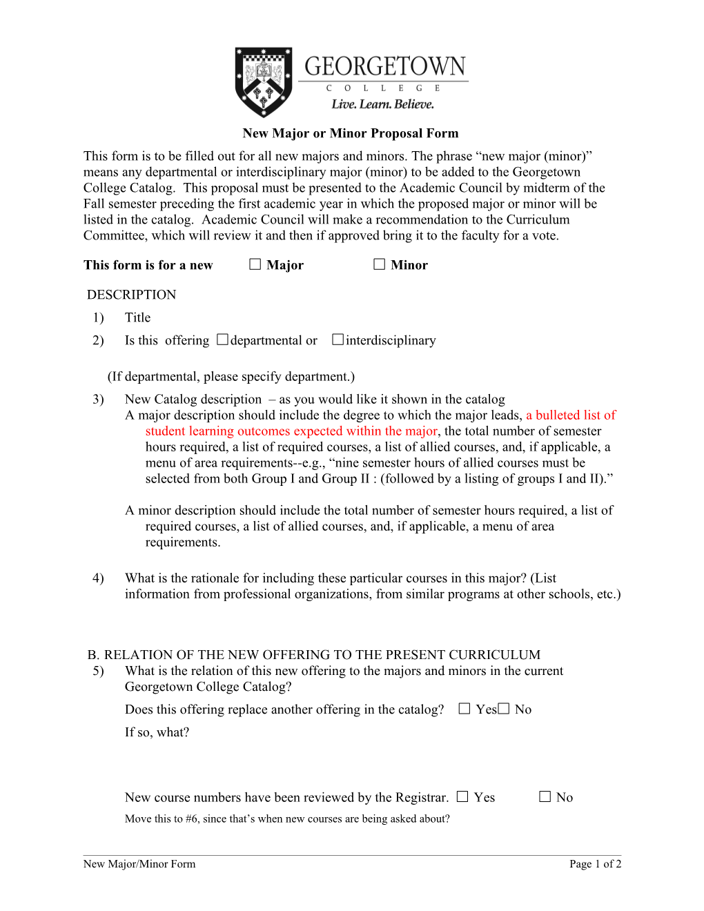 New Major Or Minor Proposal Form