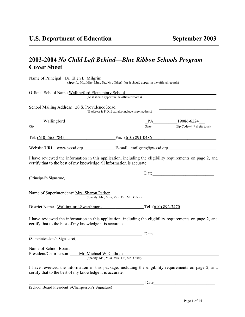 Wallingford Elementary School 2004 No Child Left Behind-Blue Ribbon School Application (Msword)