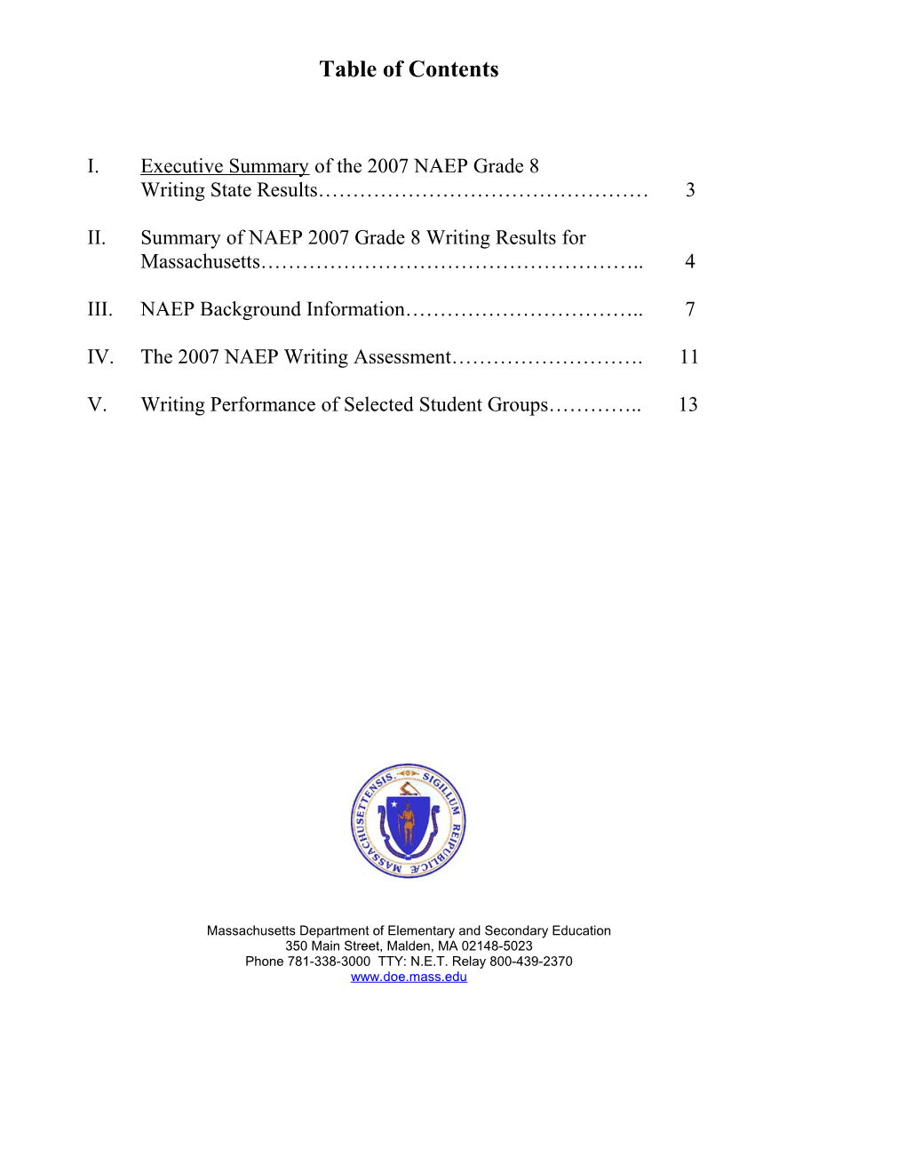 2007 NAEP Writnig Results for Massachusetts