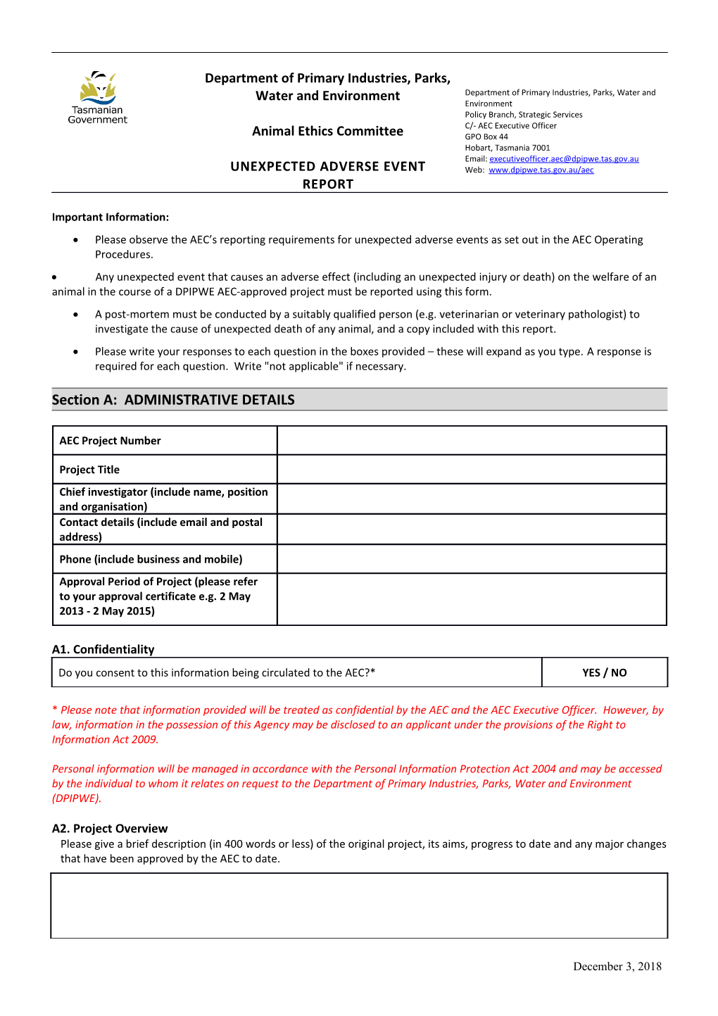 AEC Unexpected Adverse Event Report Form