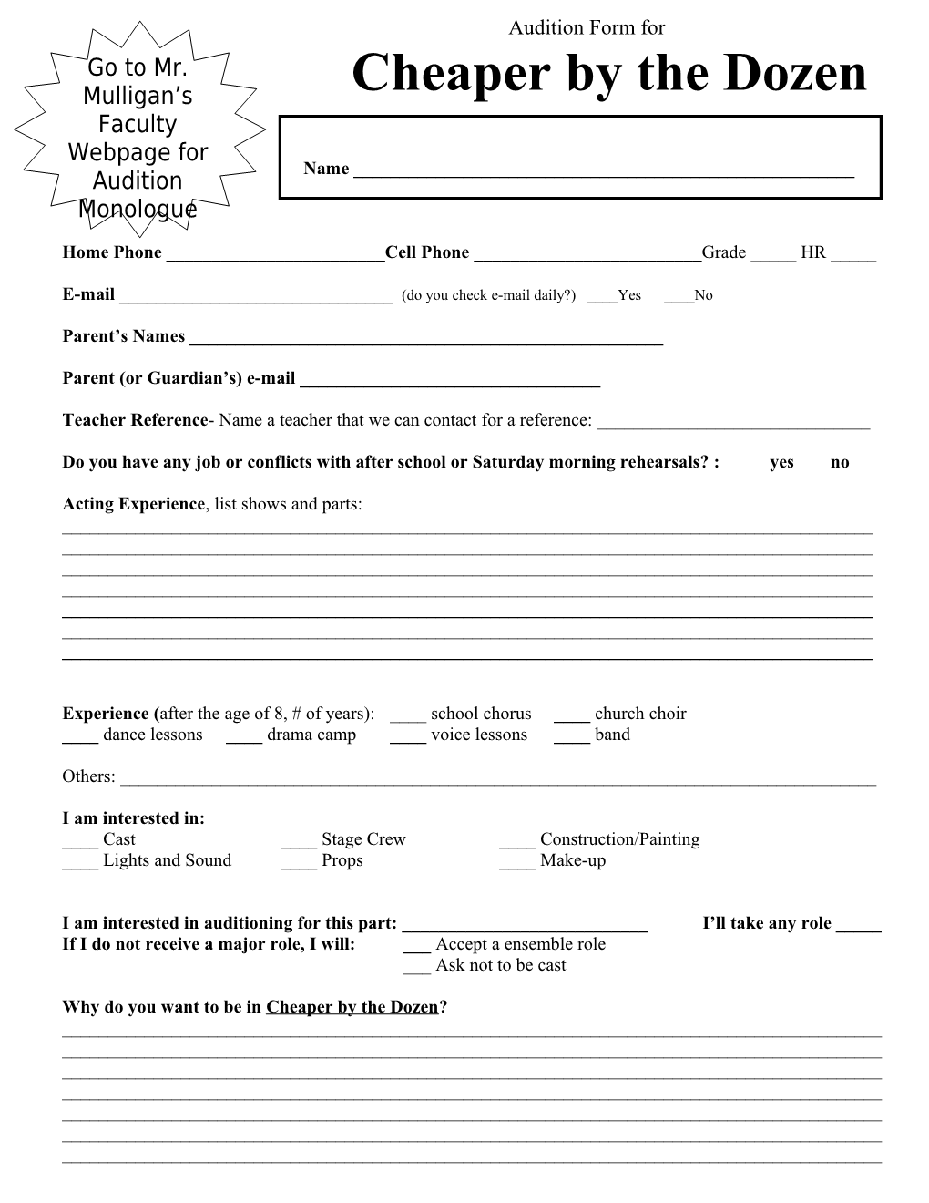 Audition Form For