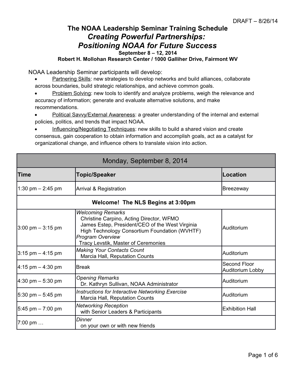 The NOAA Leadership Seminar Training Schedule