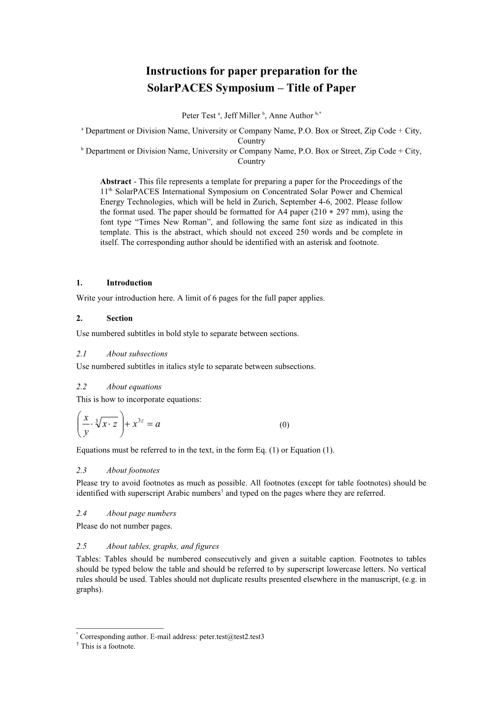 Instructions for Paper Preparation for Solar Thermal 2000 - Space for Title of Paper