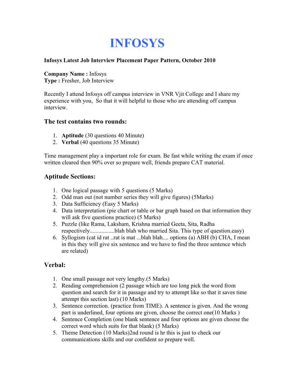Infosys Latest Job Interview Placement Paper Pattern, October 2010