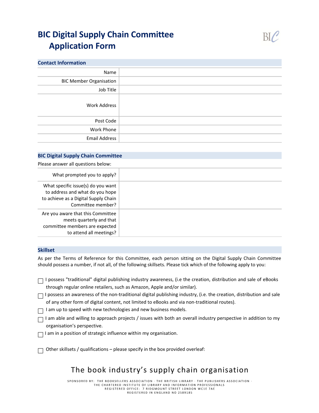 BIC Digital Supply Chain Committeeapplication Form
