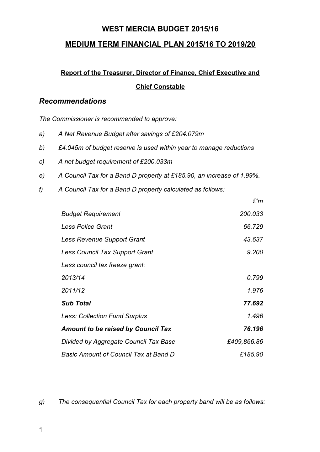 Medium Term Financial Plan 2015/16 to 2019/20