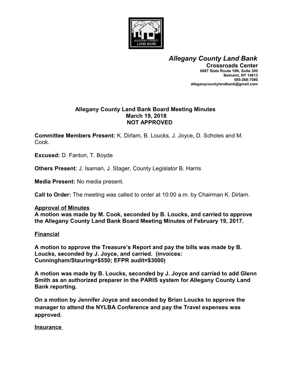 Allegany County Land Bank Board Meeting Minutes