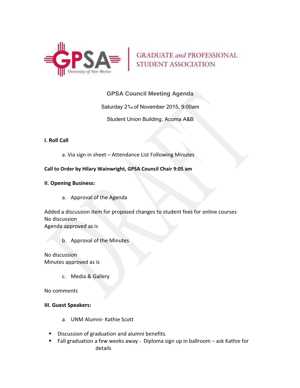 GPSA Council Meeting Agenda