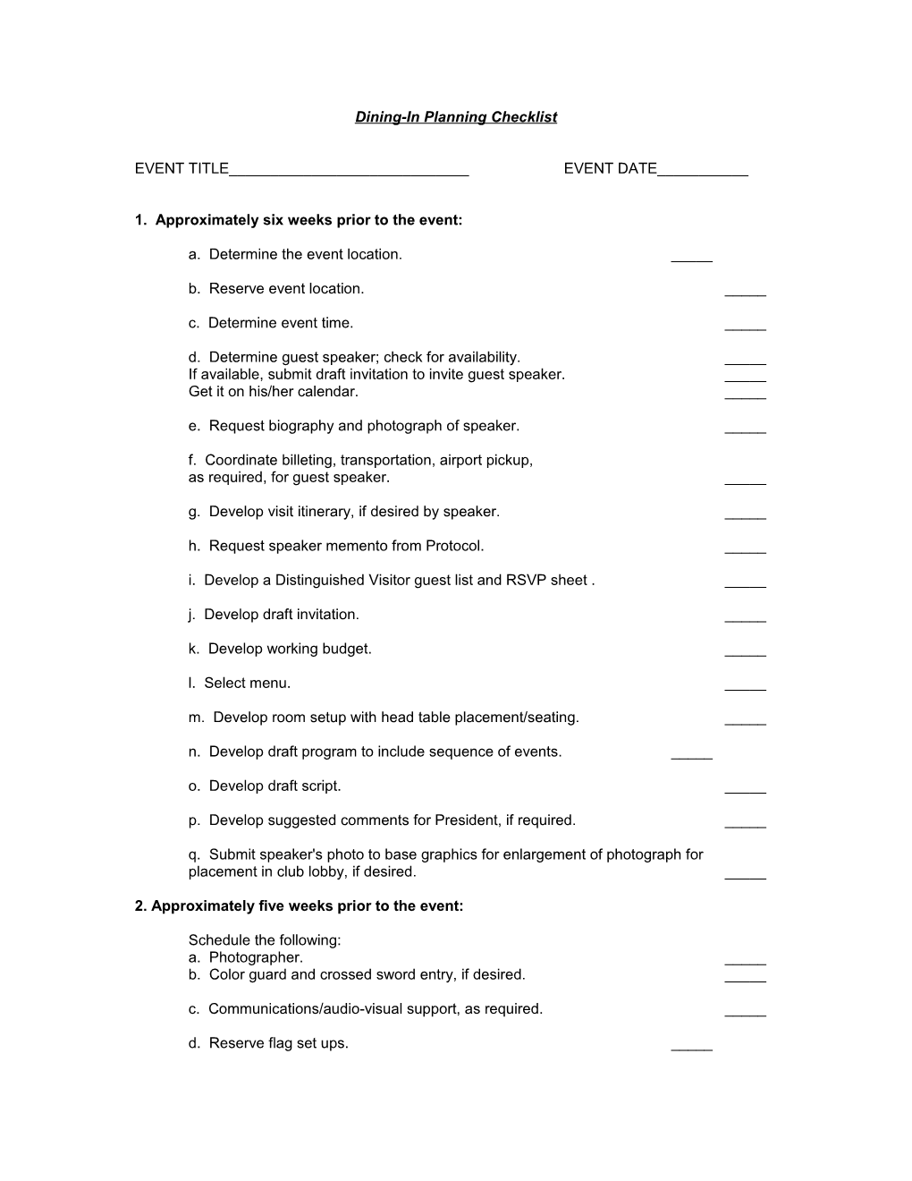 Dining-In Planning Checklist