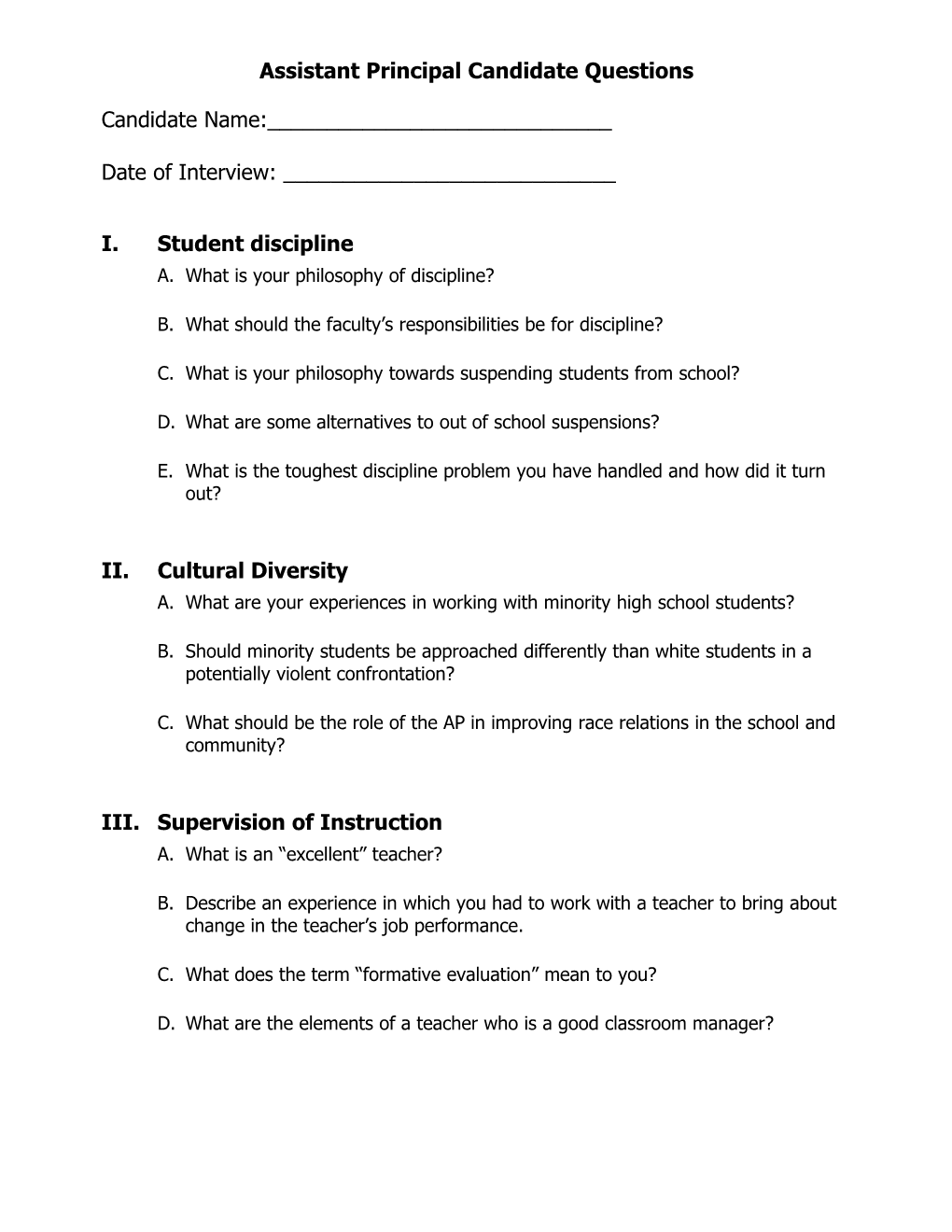 Assistant Principal Candidate Questions