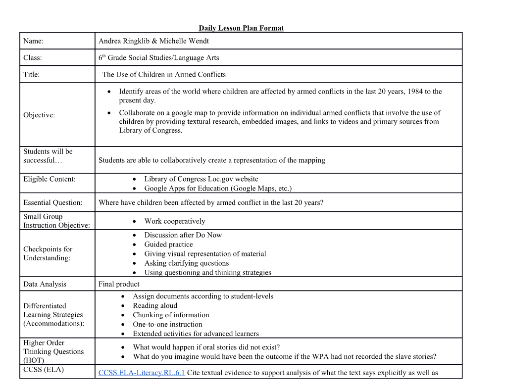 Daily Lesson Plan Format