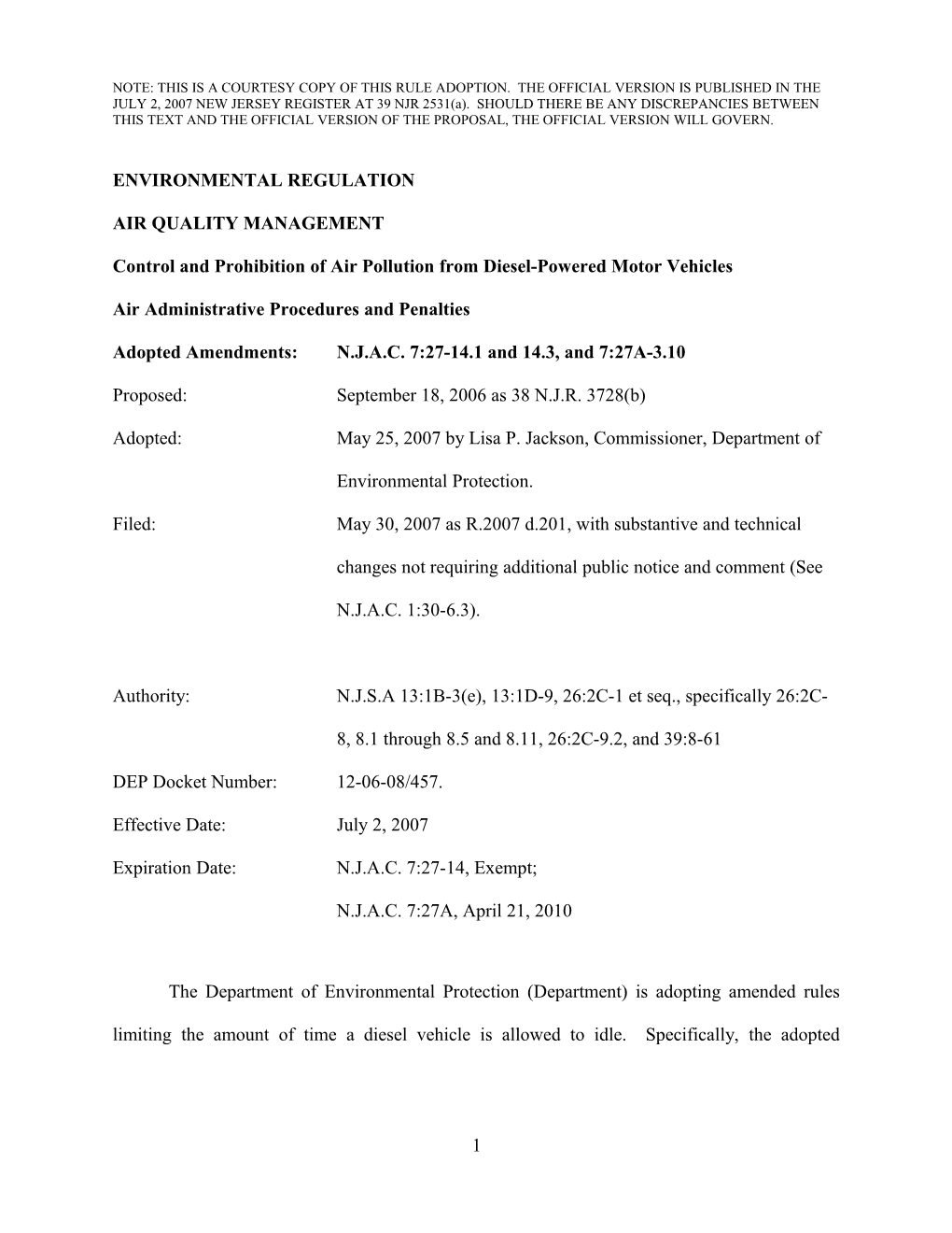 Control and Prohibition of Air Pollution from Diesel-Powered Motor Vehicles