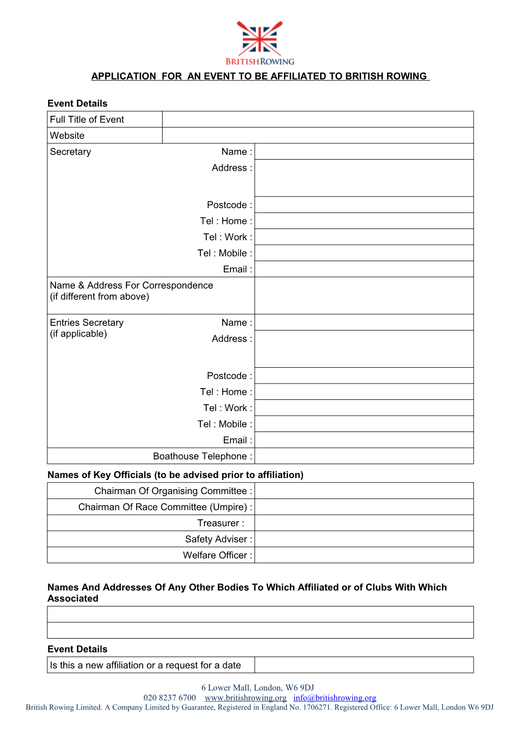 Application for an Event to Be Affiliated to British Rowing