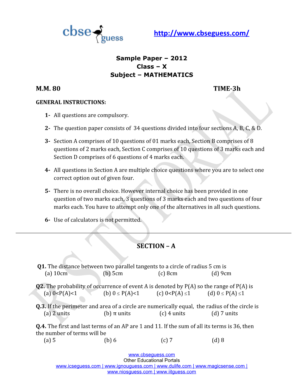 Sample Paper 2012 Class X Subject MATHEMATICS