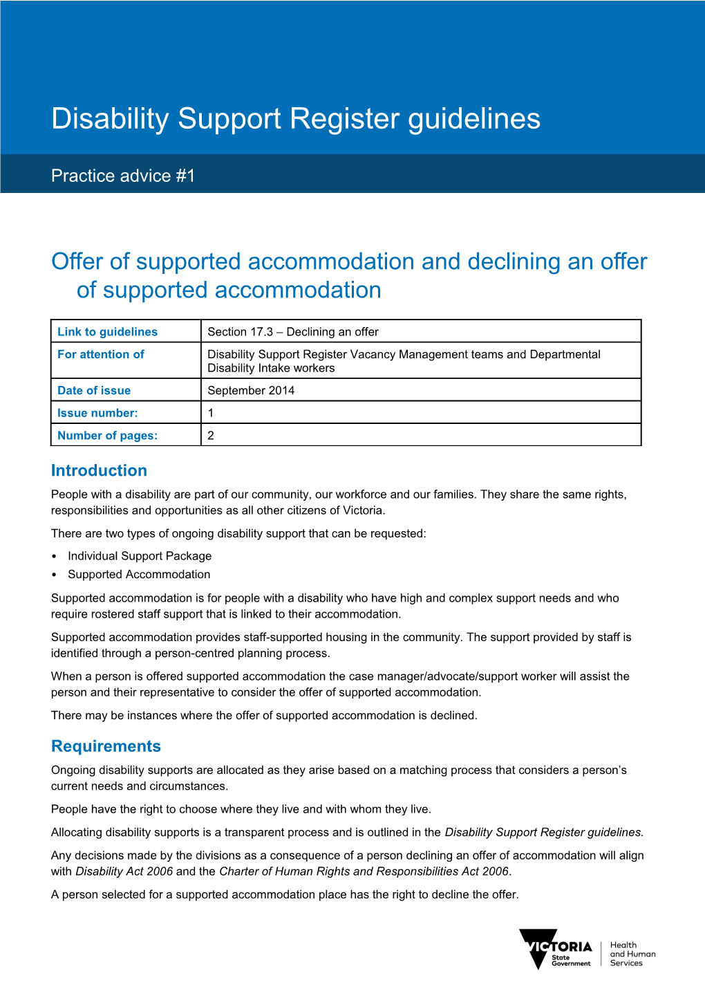 Practice Advice #1 - Offer of Supported Accommodation and Declining an Offer