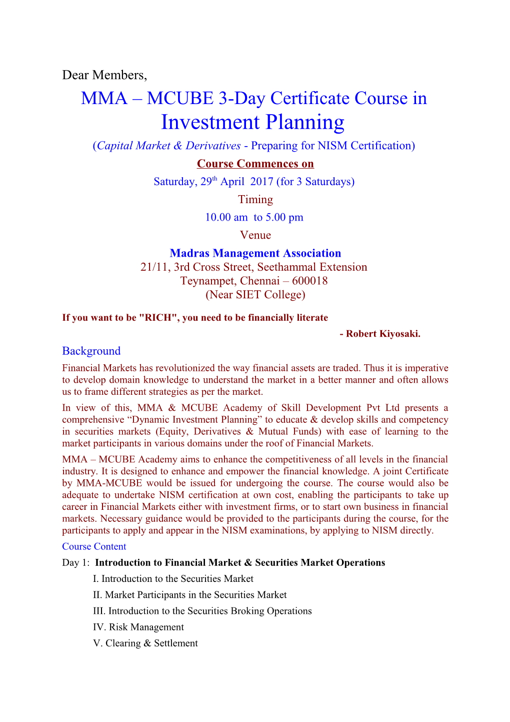 MMA MCUBE 3-Day Certificate Course in Investment Planning