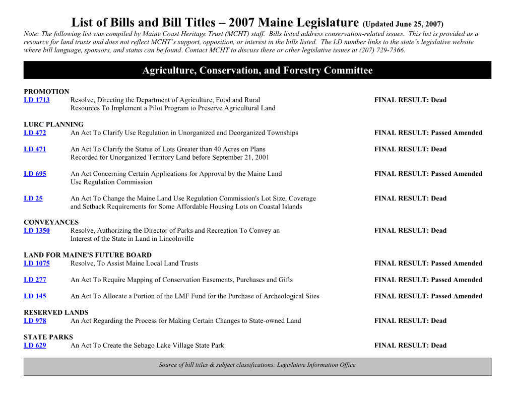 List of Bills and Bill Titles 2007Maine Legislature(Updated June 25, 2007)
