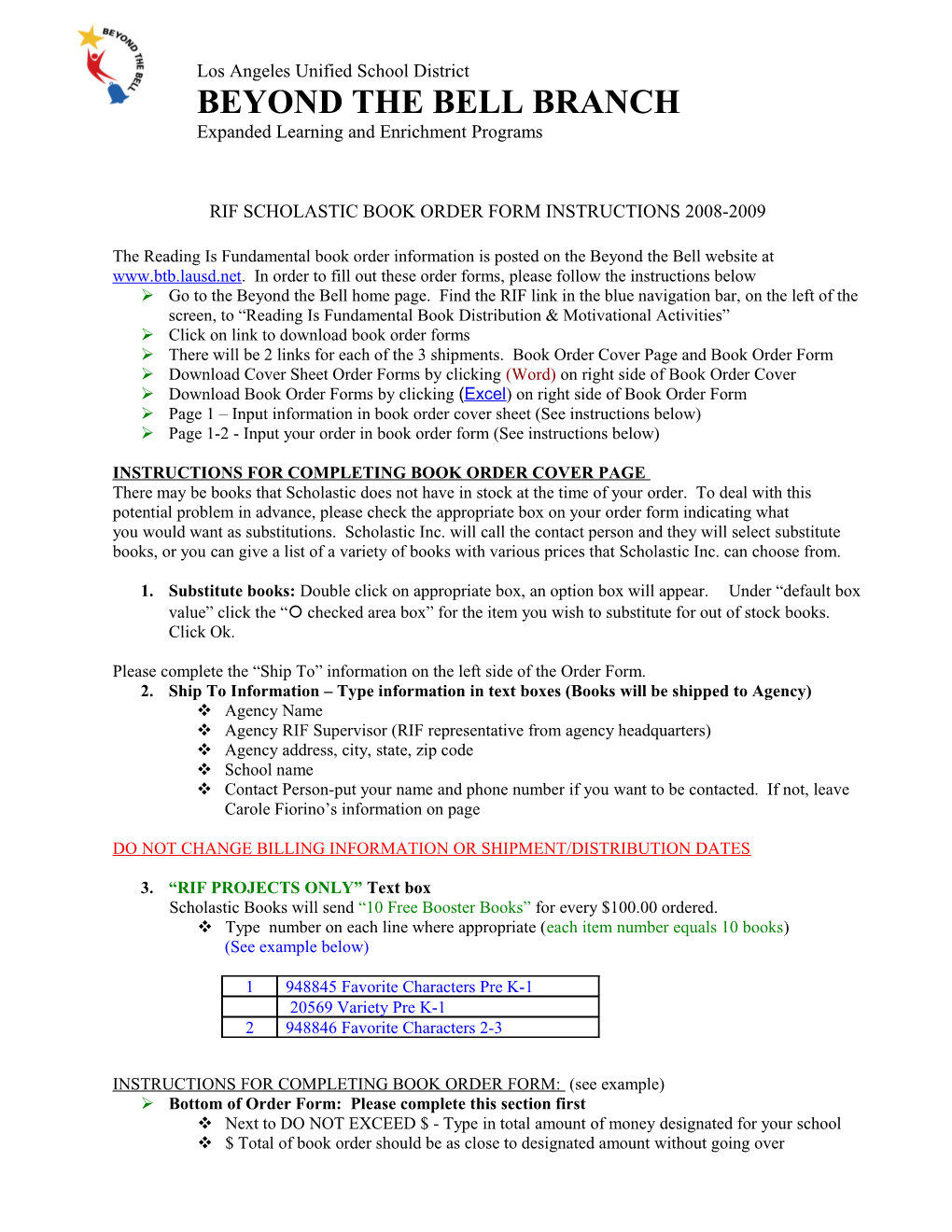 Rif Scholastic Book Order Form Instructions2008-2009