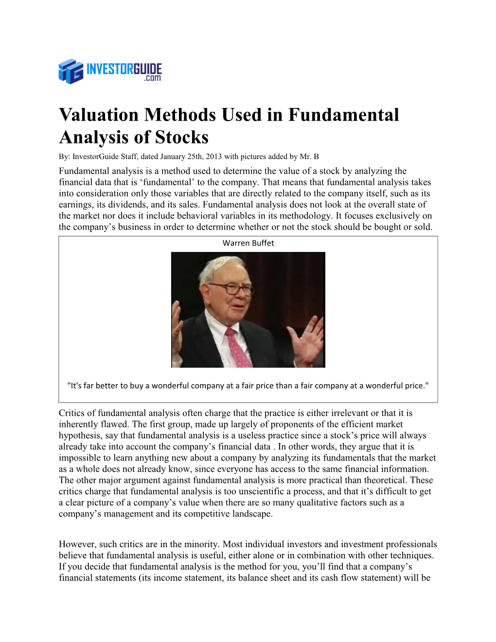 Valuation Methods Used in Fundamental Analysis of Stocks