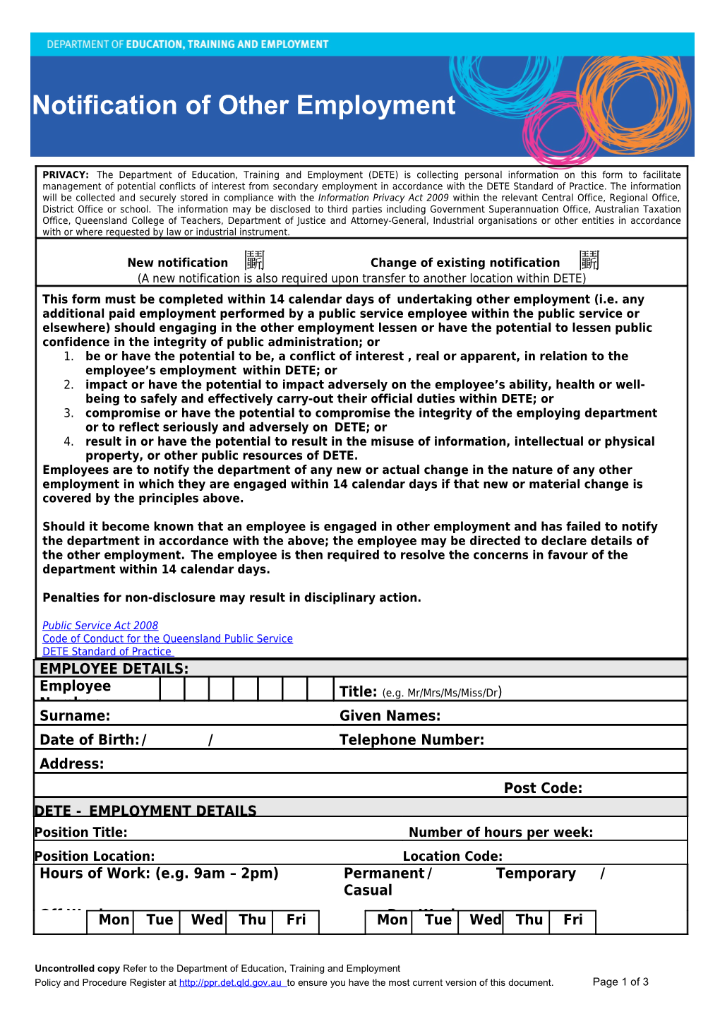 Notification of Other Employment Form