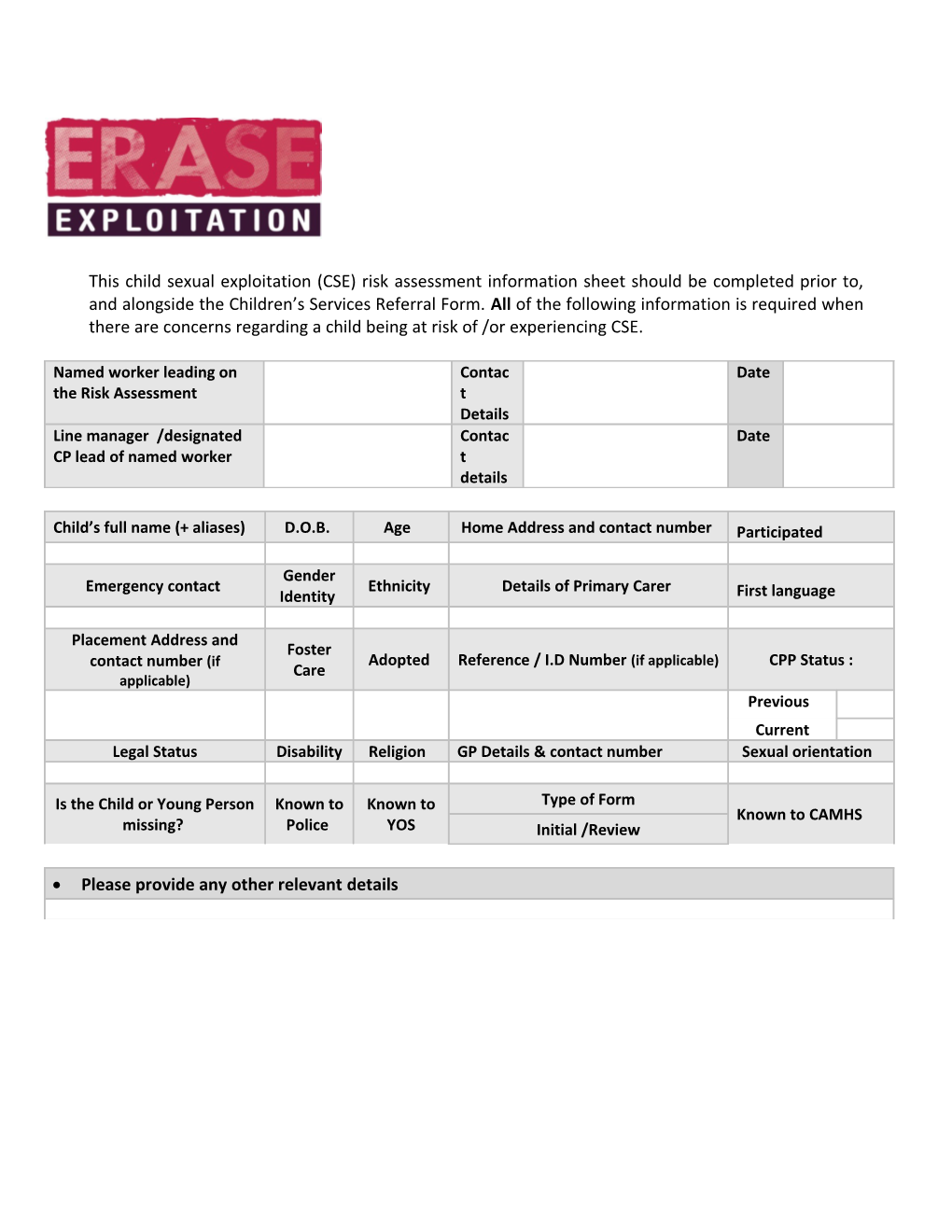 Child Sexual Exploitation Risk Assessment