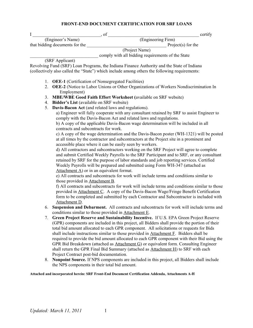 Front-End Document Certification for Srf Loans