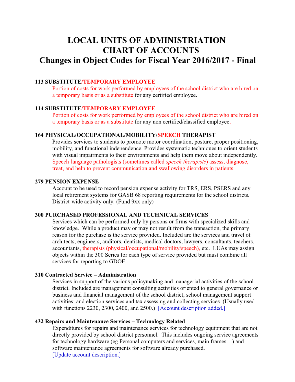 Changes in Object Codes for Fiscal Year 2016/2017 - Final