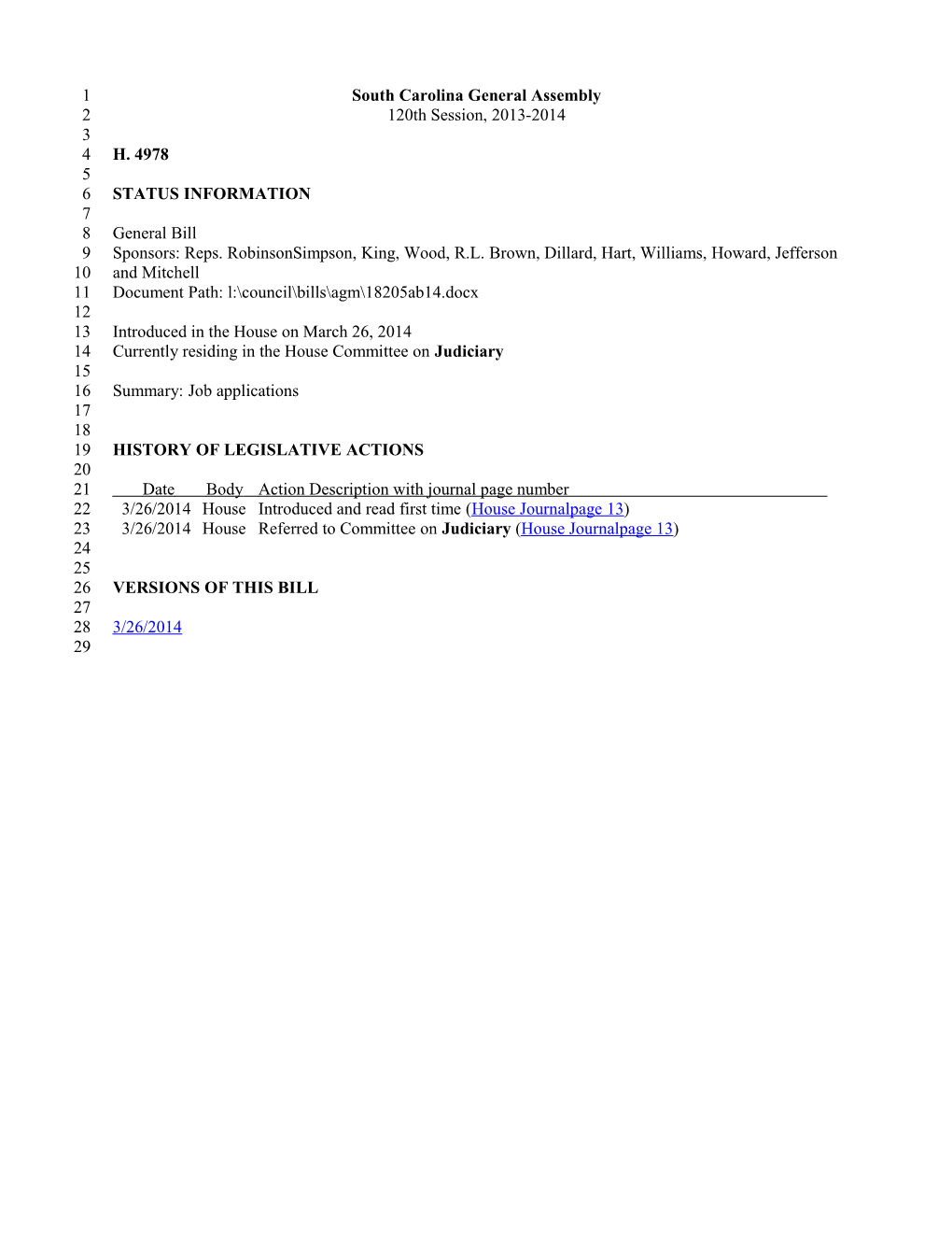 2013-2014 Bill 4978: Job Applications - South Carolina Legislature Online