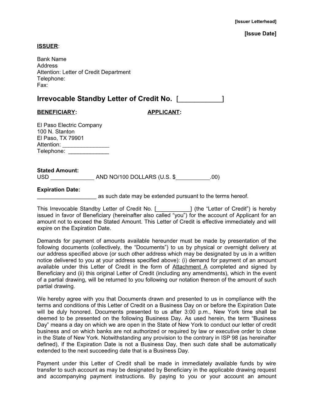 Irrevocable Stand-By Letter of Credit