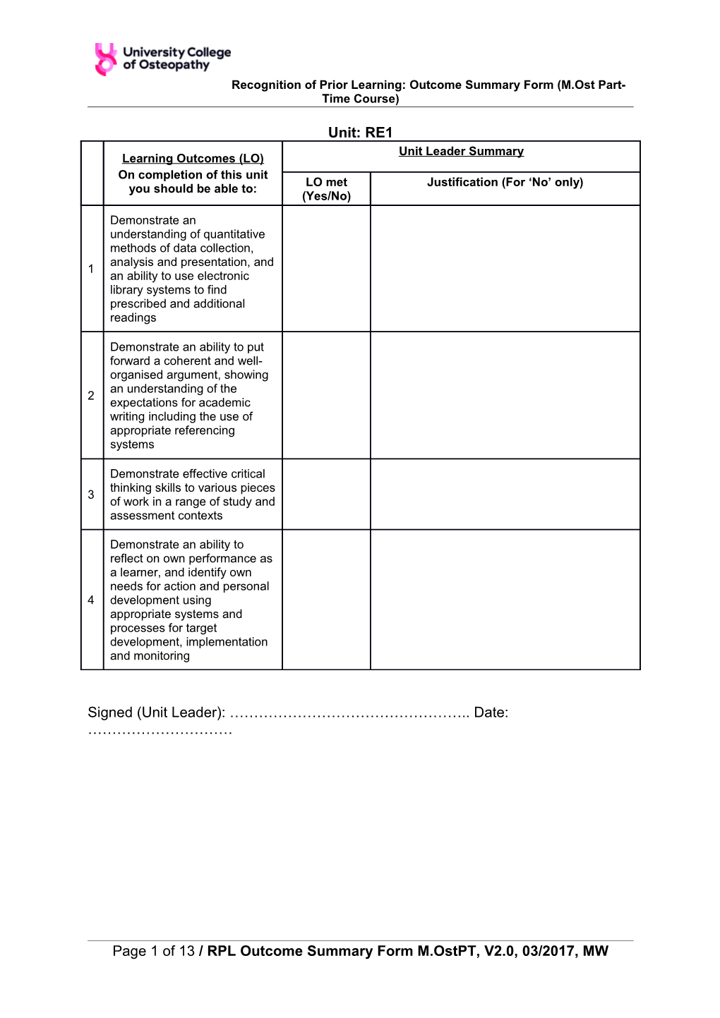 Recognition of Prior Learning: Outcome Summary Form (M.Ost Part-Time Course)