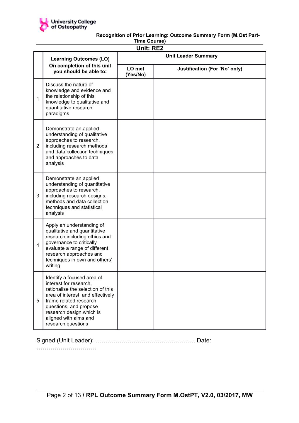 Recognition of Prior Learning: Outcome Summary Form (M.Ost Part-Time Course)