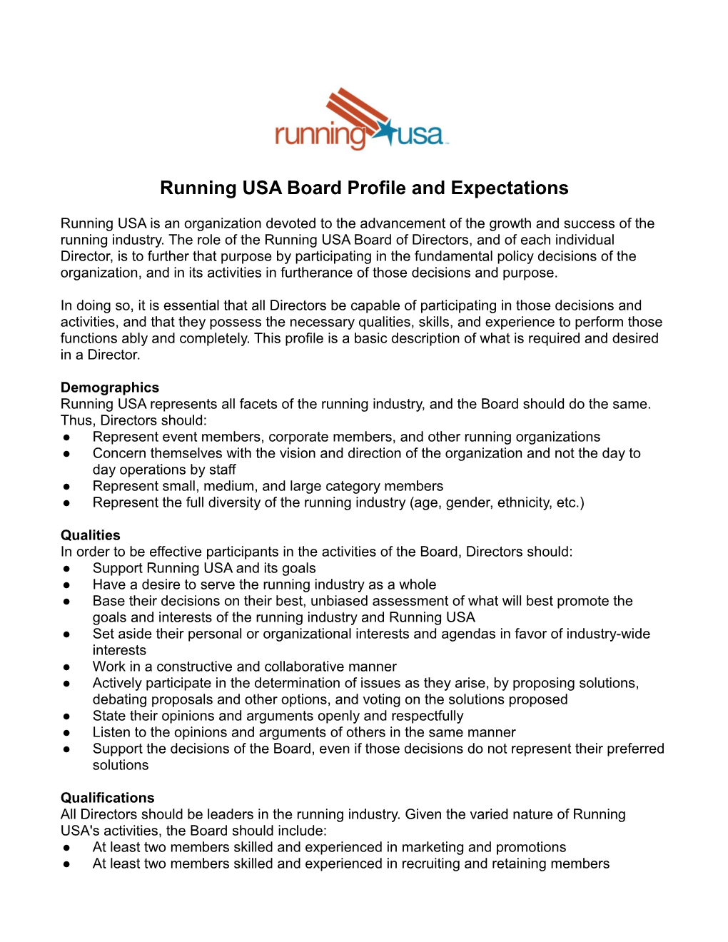 Running USA Board Profile and Expectations