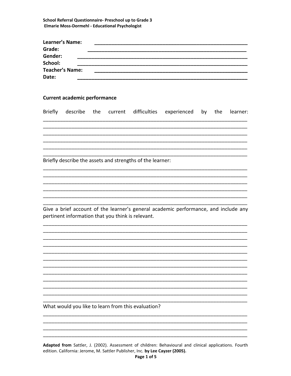 School Referral Questionnaire- Preschool up to Grade 3