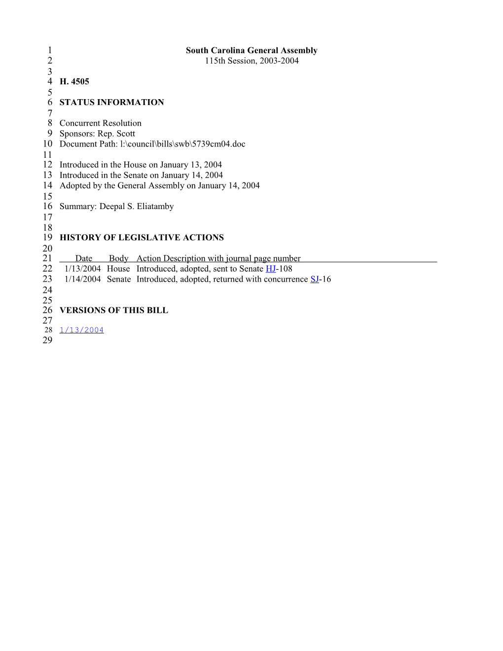 2003-2004 Bill 4505: Deepal S. Eliatamby - South Carolina Legislature Online