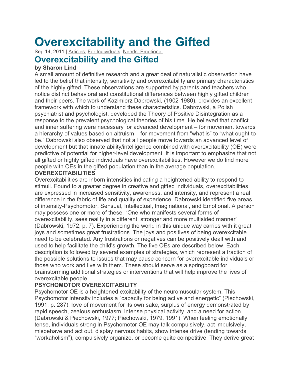 Overexcitability and the Gifted